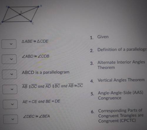 Match each statement to the reasons given for the geometric proof.

Given: ABCD is a parallelogram