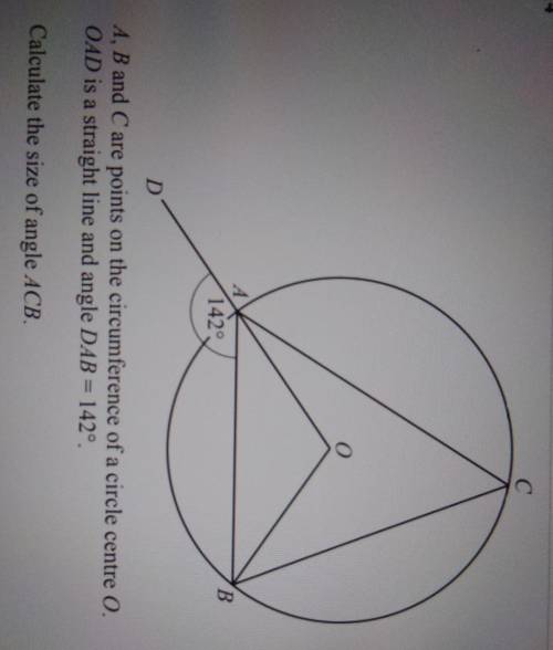A, B and C are points on the circumference of a circle centre O.

OAD is a straight line and angle