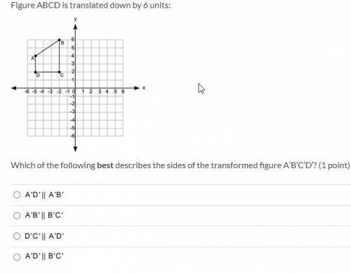 Figure ABCD is translated down by 6 units: A coordinate grid is shown with scale from negative 6 to