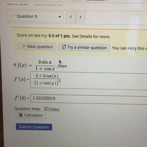 I plugged in 4 for the derivative function but I’m getting the wrong answer?