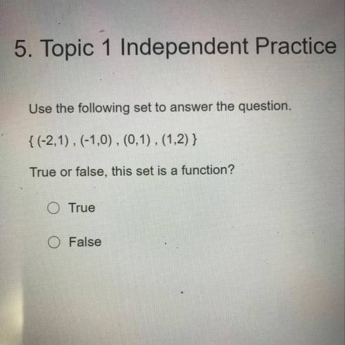 5. Topic 1 Independent Practice

Use the following set to answer the question.
{ (-2,1), (-1,0), (