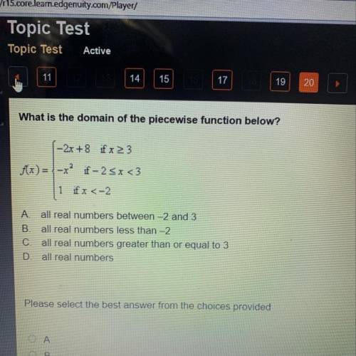What is the domain of the piecewise function below?

-2x+8 if x>3
f(x)= -x^2 if-2
1 if x <-2