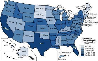 The map below shows daily water usage in the United States. Use the map to answer the following que