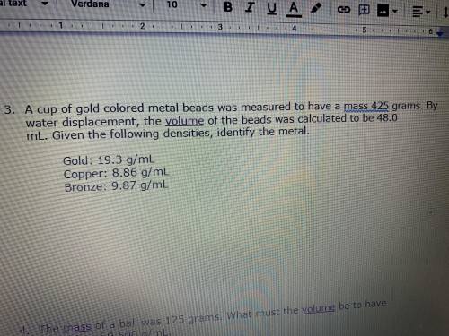A cup of gold colored metal bed was measured to have a mask for 25 g. By water displacement, the vo