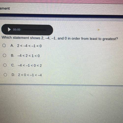 Please answer ASAP !!

Which statement shows 2, 4,-1, and 0 in order from least to greatest?
A 2&l