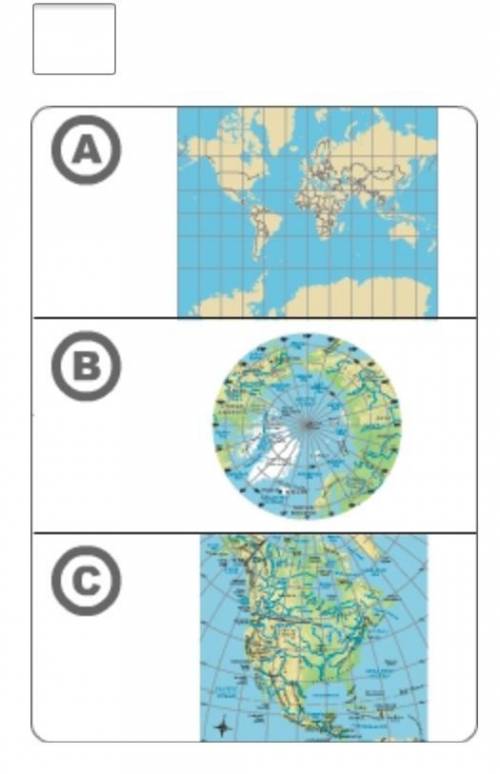 Which map projection is often used to show polar regions? Enter the correct letter in the box.