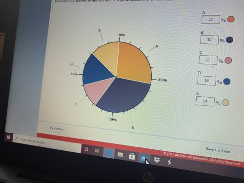 Determine the number of degrees for the angle in section B of the pie chart . Round to the nearest