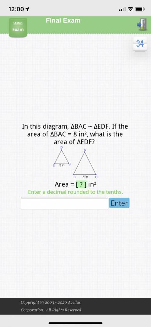 In this diagram, BAC~EDF. If the area of BAC=8 in, what is the area of EDF? PLEASE help