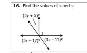 Find the values of x and y (2y+5) + (5x-17) +( 3x-11)