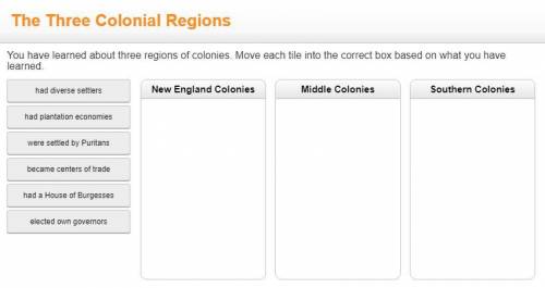 you have learned about three religions of colonies. move each tile into the correct box based on wh