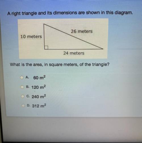 A right triangle and its dimensions are shown in this diagram.

26 meters
10 meters
24 meters
What