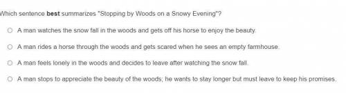 Which sentence best summarizes Stopping by Woods on a Snowy Evening?