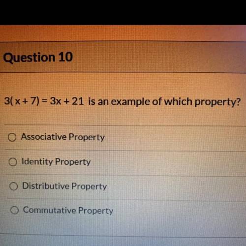 WILL GIVE BRANLIEST ANSWER ASAP

3(x + 7) = 3x + 21 is an example of which property?
Associative P