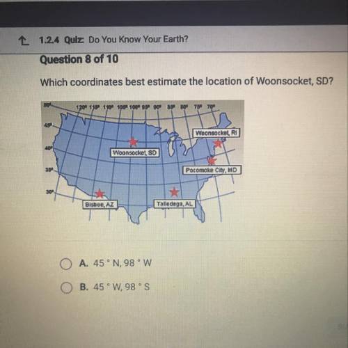 Which coordinates best estimate the location of Woonsocket, SD?

A. 45 °N, 98 °W
B. 45°W, 98 °S