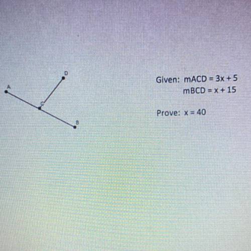 Given: mACD = 3x + 5
mBCD = x + 15
Prove: x = 40