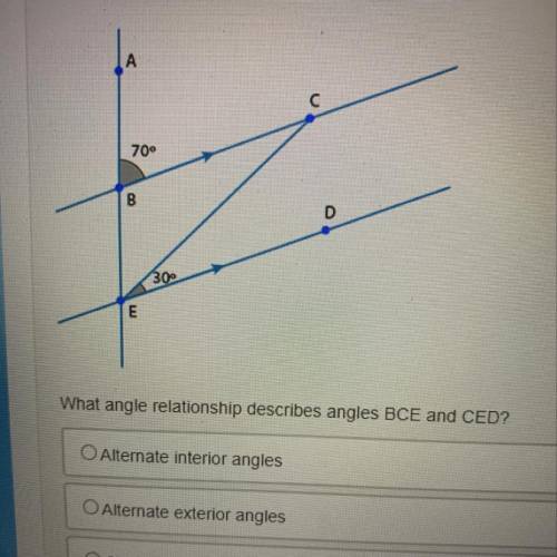 What angle relationship describes angles BCE and CED?

O Alternate interior angles
O Alternate ext