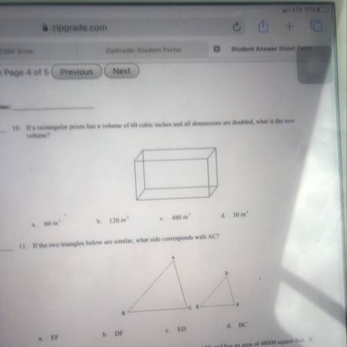 10. If a rectangular prism has a volume of 60 cubic inches and all dimensions are doubled, what is