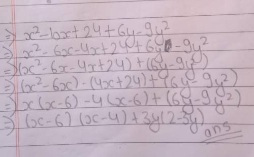 Pz help me do this factorize x^2-10x +24+6y-9y^2