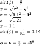 sin(\phi)=\frac{x}{r\\}\\ x=\sqrt{r^2-y^2}\\ x=\sqrt{6.1^2-6^2}\\ x=\sqrt{1.21} \\x= 1.1\\sin(\phi)=\frac{1.1}{6.1}=0.18\\\\\phi=\theta=\frac{\pi}{4} =45^0\\\\
