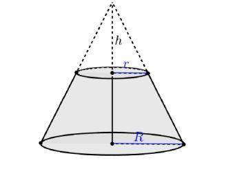 The height of the frustum of a cone is H. Derivate the formula for the volume of a cone using H, R,