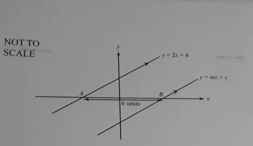 Please help me :(

the line y=mx+c is parallel to the line y= 2x+4 the distance AB is 6 units find