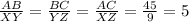 \frac{AB}{XY} =\frac{BC}{YZ} =\frac{AC}{XZ}=\frac{45}{9}=5