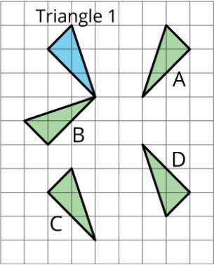 Which of the green triangles is a reflection of the blue triangle? a Triangle D b Triangle B c Tria