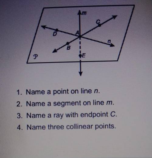 * 1. Name a point on line n. 2. Name a segment on line m. 3. Name a ray with endpoint C. 4. Name th