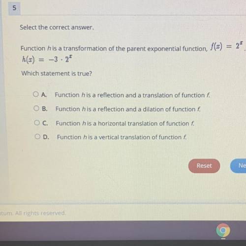 Functions: Mastery Test

5
Select the correct answer.
Function is a transformation of the parent e