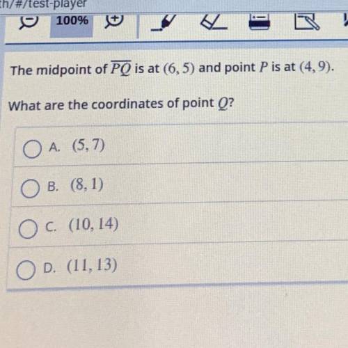 The midpoint of PQ is at (6,5) and point P is at (4,9).
What are the coordinates of point Q?