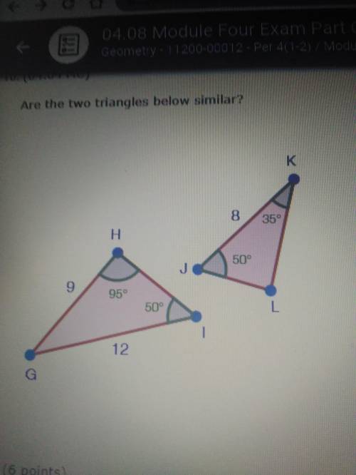 Ar the two triangles below similar? A. Yes, because the corresponding sides are proportional B. No,