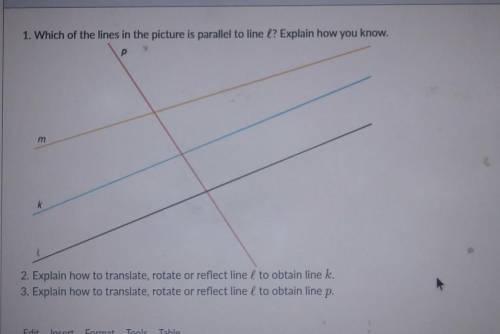 1. Which of the lines in the picture is parallel to line é? Explain how you know. р 2. Explain how