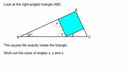 look at the right angled triangle ABC the square fits exactle in the triangle work out the sizes of