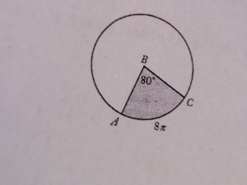 Point B is the center of the circle shown, and the length of arc AC is 8π. What is the area of the