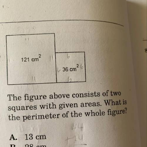 The figure above consists of two squares with given areas. What is the perimeter of the whole figur