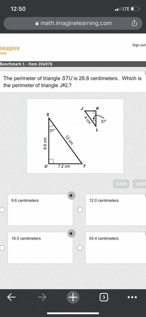 The perimeter of triangle STU is 28.8 centimeters. Which is the perimeter of triangle JKL?