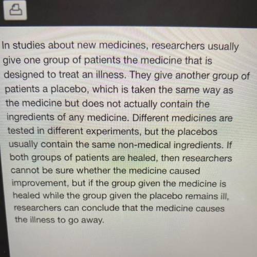 In medical experiments, which group receives

placebos?
the experimental group
the control group
b