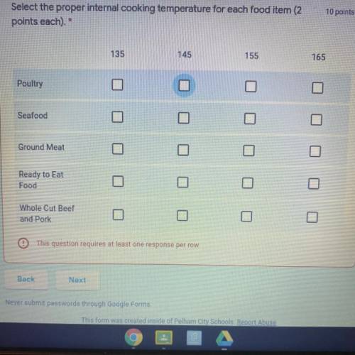 Select the proper internal cooking temperature for each food item