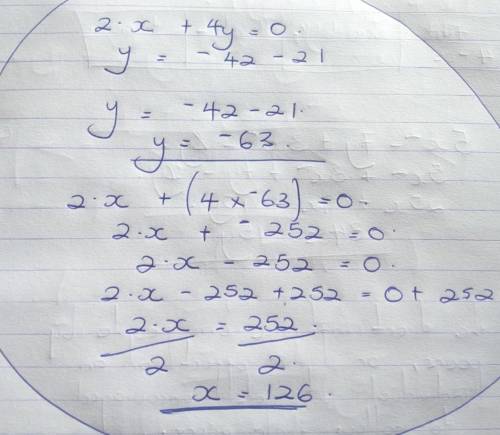 Solve
2.x + 4y = 0
y = -42 — 21
What is the value of x
What is the value of y