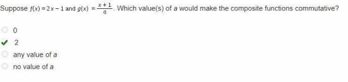 Suppose f (x) = 2 x minus 1 and g (x) = StartFraction x + 1 Over a EndFraction. Which value(s) of a