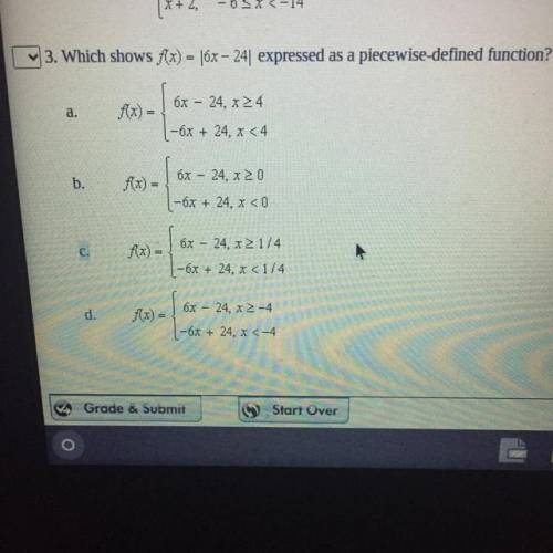 Which shows f(x) = 16x – 24| expressed as a piecewise-defined function?