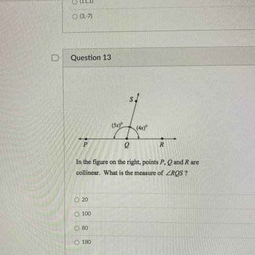 In the figure on the right, points P, Q and R are
collinear. What is the measure of