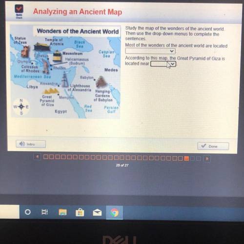 Study the map of the wonders of the ancient world.

Then use the drop-down menus to complete the
s