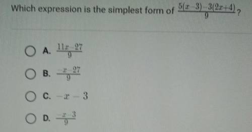 Which expression is the simplest form of 5(2-3) 3(22+4) 19 9 O A. 112-27 O OC. 2-3 O D. 23