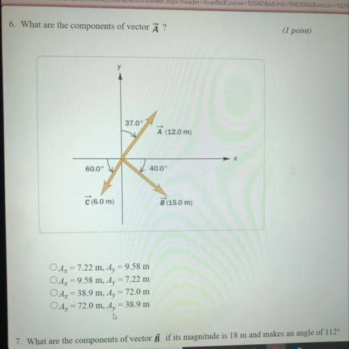 6. What are the components of vector Ā ?

A) Az = 7.22 m, 4, = 9.58 m
B) Az = 9.58 m, A, = 7.22 m