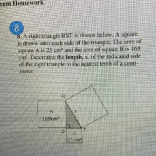 A right triangle RST is drawn below. A square is drawn onto each side of the triangle. The area....