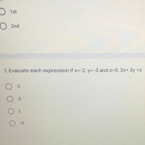 Evaluate each expression if x=-2,y=-3and z=5. 2x+3y+z?

Please show explanation and work thank you