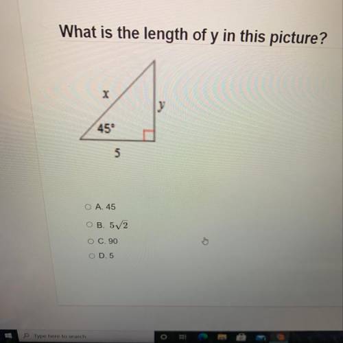 What is the length of y in this picture?
X
45°
5