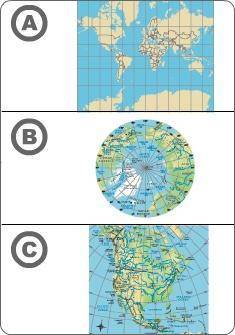 Which letter represents the project map that creates maps that are most distorted near the Poles? A