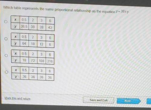 Which table represents the same proportional relationship as the equation Y= 36x?